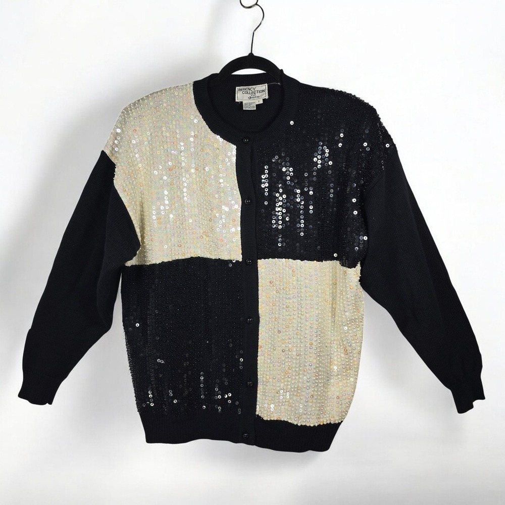 VTG‎ Regency Collection for Joyce Sequin Colorblock Cardigan Black Cream Large